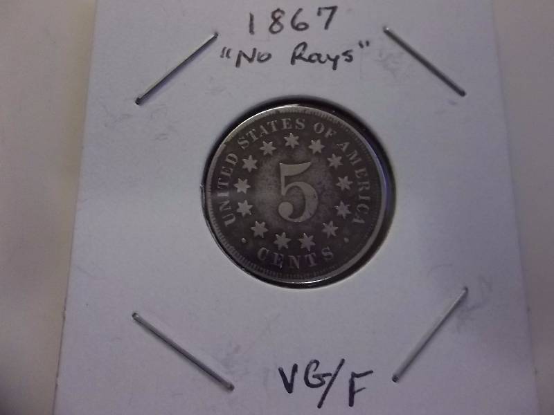 1867 Shield Nickel No Rays Rare Date Better Grade ($50-$90 Grey Sheets Value)