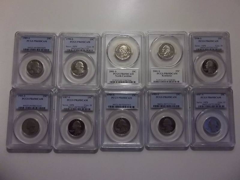 1985S-1990S Washington Quarters PCGS PR69 Proofs And 2-2001S State Quarters No. Carolina & Kentucky PR 69 Grades 10 Coins In All