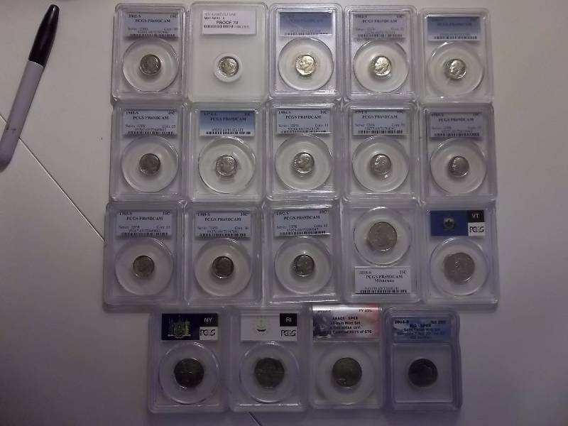 2001S State Quarters R.I., N.Y., Vermont, 2005 State Quarters Mn.,Kansas, 2013 P First Strike Quarter Ms.  13 Roosevelt Dimes PCGS 69PR 1977-1986