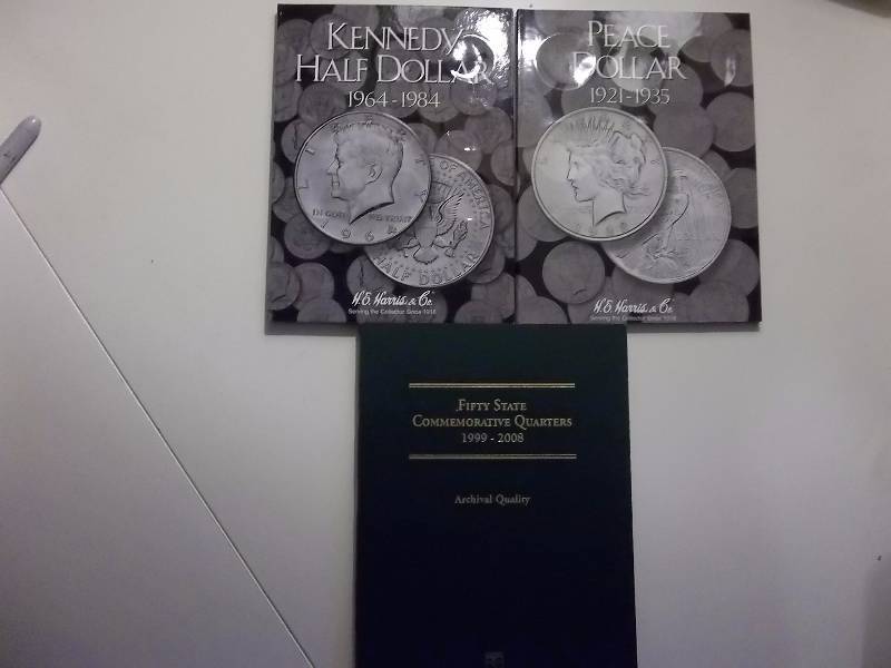 3 Coin Albums Peace Dollars, Kennedy Half Dollars, State Quarters