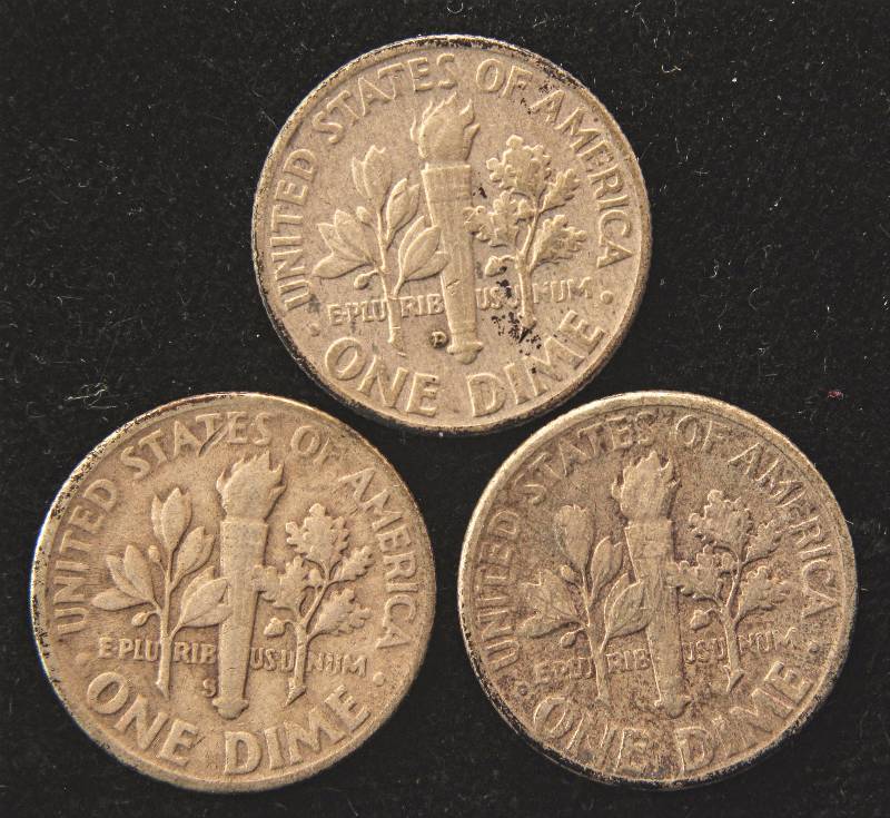 GROUP OF 3 SILVER ROOSEVELT DIMES 1952P, 1952D & 1952S