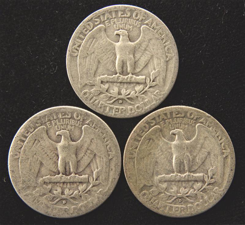 GROUP OF 3 WASHINGTON SILVER QUARTERS 1941-D, 1942-D & 1943-D