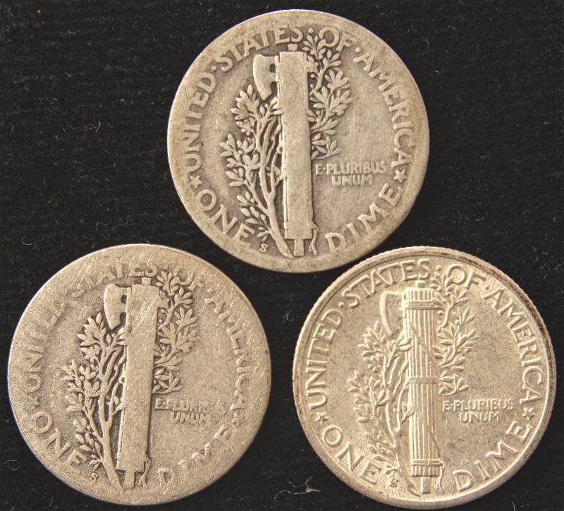 GROUP OF 3 MERCURY SILVER DIMES 1918S (G), 1924S (G), 1945S (UNC)