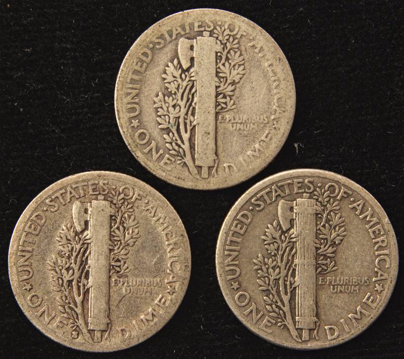 GROUP OF 3 MERCURY SILVER DIMES 1916P, 1935S, 1943P
