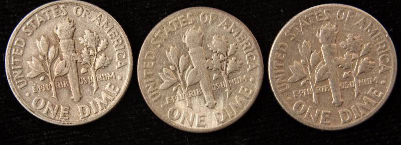 GROUP OF 3 SILVER ROOSEVELT DIMES 1946P, 1950P & 1953P