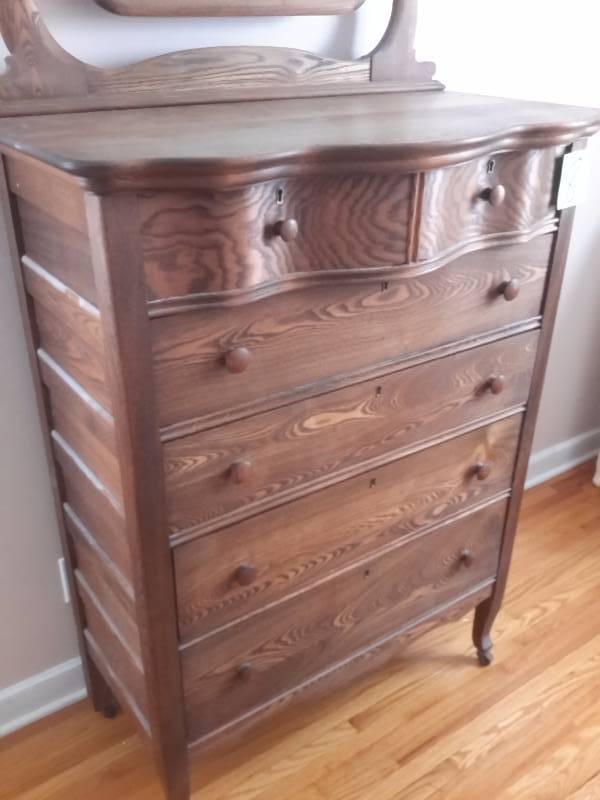 Beautiful High Boy 6 Drawer Dresser with Beveled Edge Mirror as shown