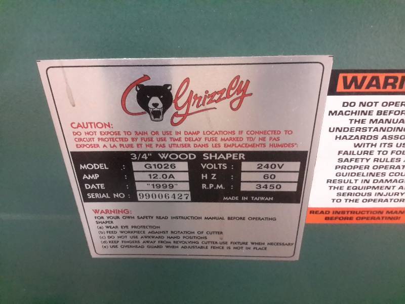 Grizzly 3 H.P. Shaper.. Model G1026