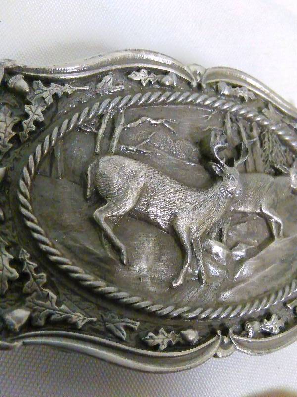 lot 160 image: Vintage Belt Buckle, Deer Wildlife, 1985, Bergamot Brass Co. Pewter