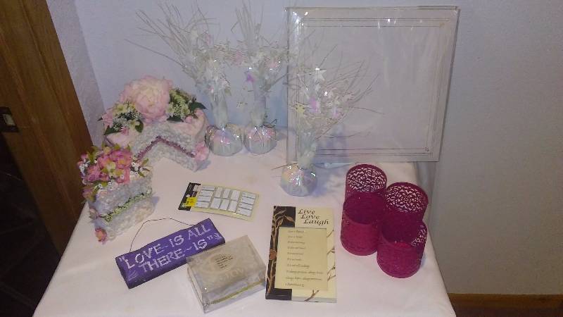 lot 8 image: Wedding Dcor Collection (13 pcs in all) Wedding book, candle holders, Faux Cake Table dcor, and more