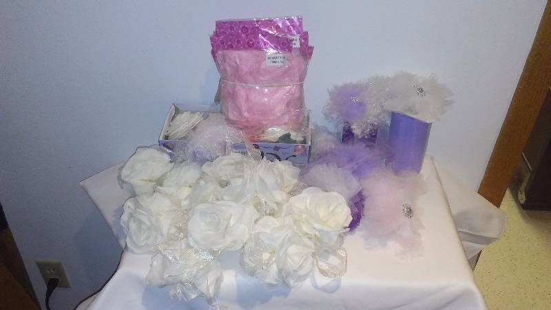 lot 13 image: Wedding Accent, Rose Pedals, Rose Garland, partial Tulle spools, Tulle Flower accents and more