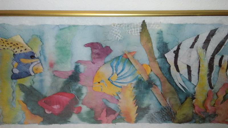 lot 23 image: Frame Fish Art, 36 x 13.5 inches, behind glass
