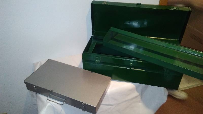 lot 100 image: Vintage Metal Boxes (2) Green Tool Box and Gray Metal organizer, Latches and handles work