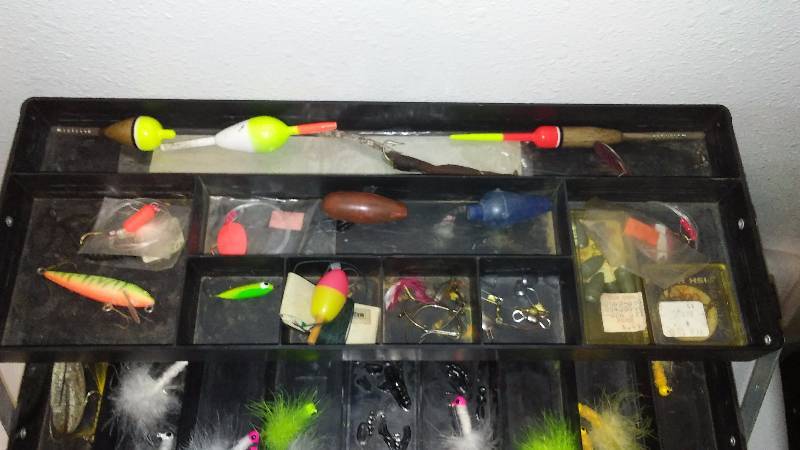 lot 103 image: Plastic Tackle Box with Supplies  See pictures, Flys Bobbers, Lazy Ike, Spoons, Eagle Claws