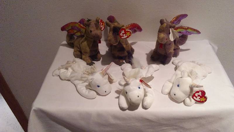 lot 238 image: Scorch (3) and Mystic (3) Beanie Baby Collection, displayed only, never played with, Heart Tags, All with Tush Tags
