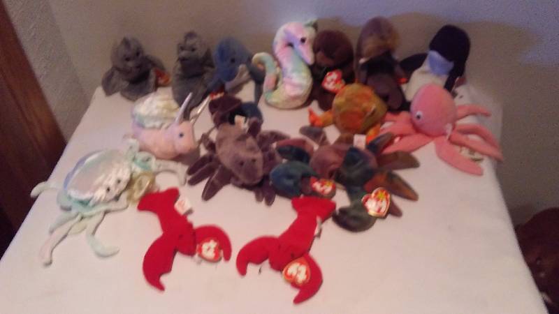 lot 241 image: Aquatic Beanie Baby Collection, (15) displayed only, never played with, Heart Tags, All with Tush Tags
