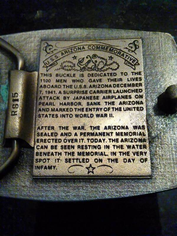lot 285 image: Vintage Belt Buckle, U.S.S. Arizona Pearl Harbor Memorial, Inscription on back