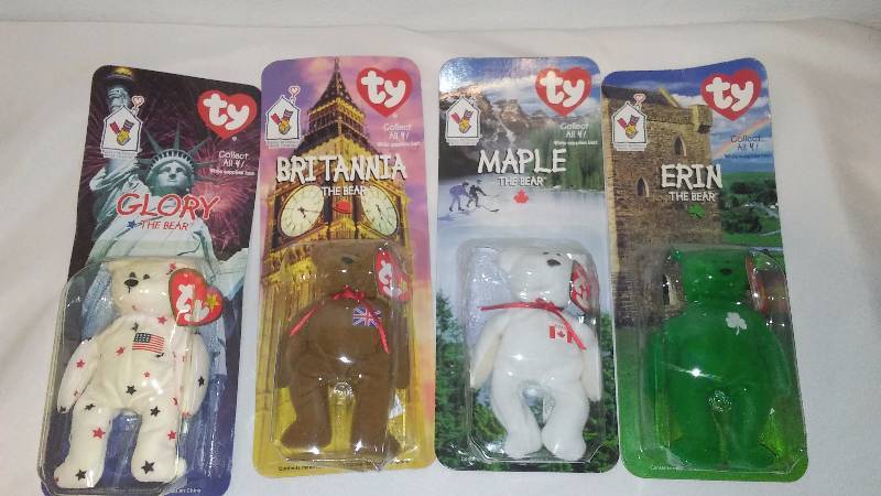 lot 68 image: Mc Donalds Beanie Baby Bear Collection (4) Maple, Britannia, Erin and Glory - Displayed only, never played with most with Heart Tags, All with Tush Tags