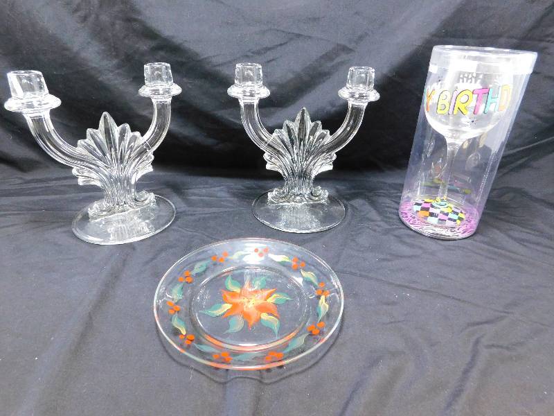 lot 44 image: Candle Stick Holders, Painted Plate and Happy Birthday Glass