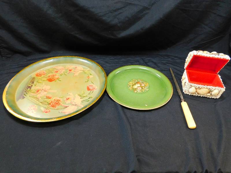 lot 45 image: Vintage Steele, 2 Metal Serving Trays and Shell Box