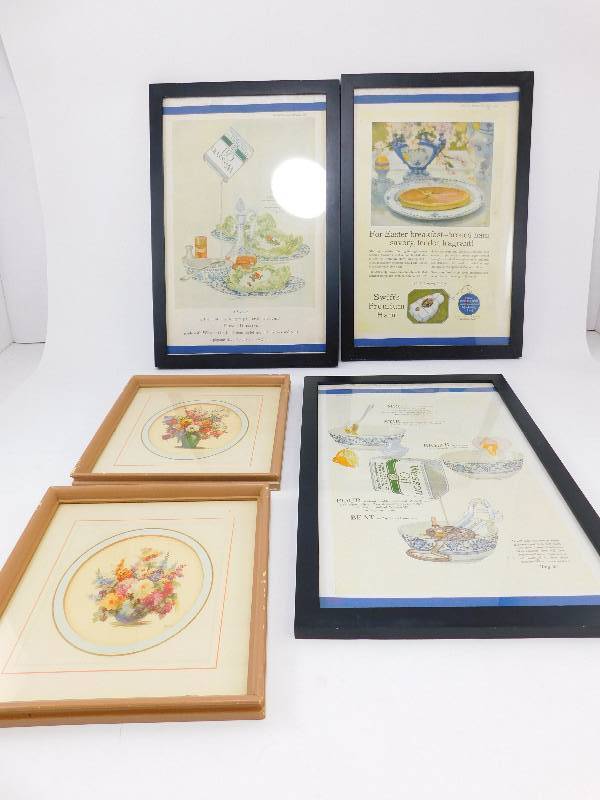 lot 47 image: 2 Framed  M. Black Floral Painting, 3 Framed Pictorial Ads from 1920s