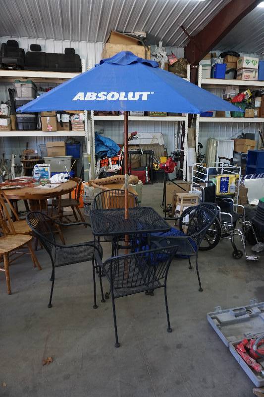 lot 14 image: Metal Patio Table, Umbrella and 4 Chairs