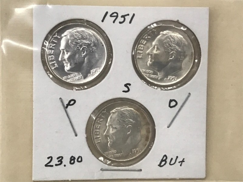 1951 P, D, S Roosevelt Silver Dimes...