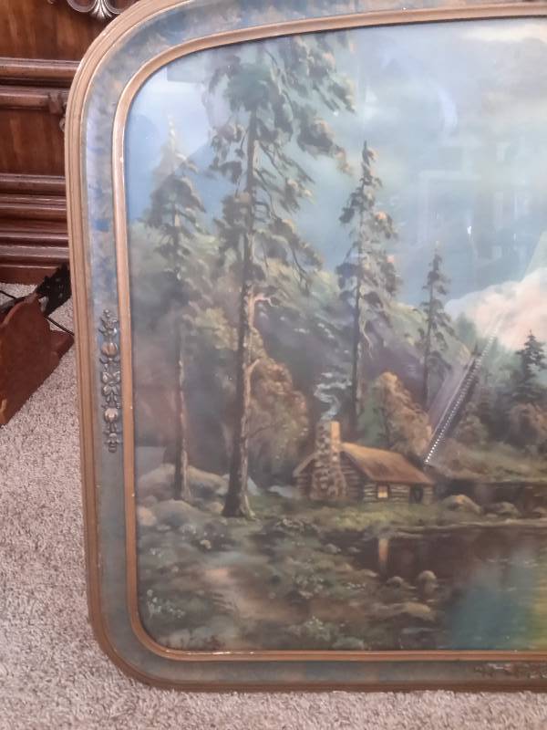 Very nice MountainStreamCabin Picture with Ornate Gilded dcor with rounded top edge