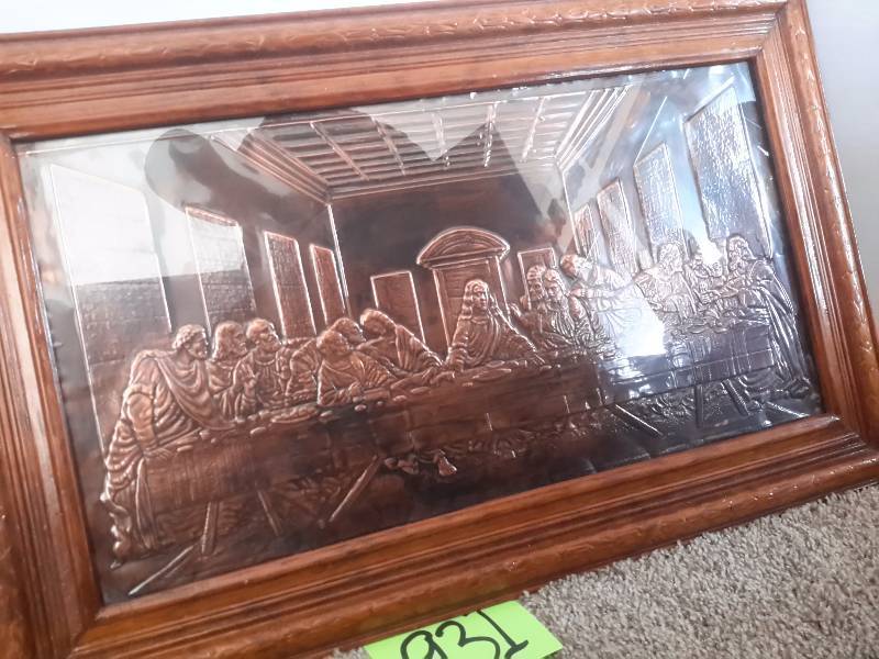 Copper LAST SUPPER picture with nice wooden frame