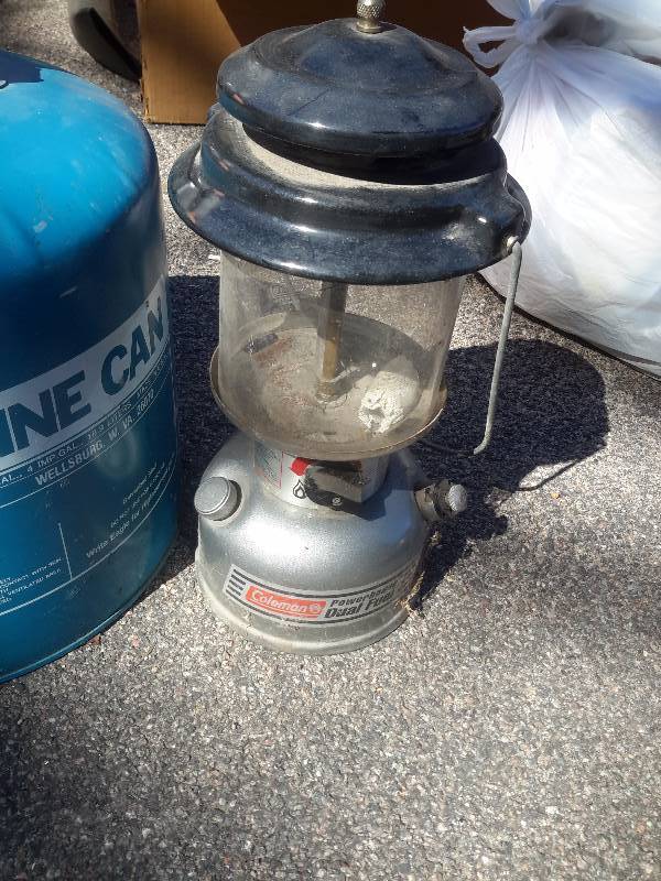 2 gallon Gas Can,  1 Gallon Gas can,  Kerosene Can and Coleman Lantern.