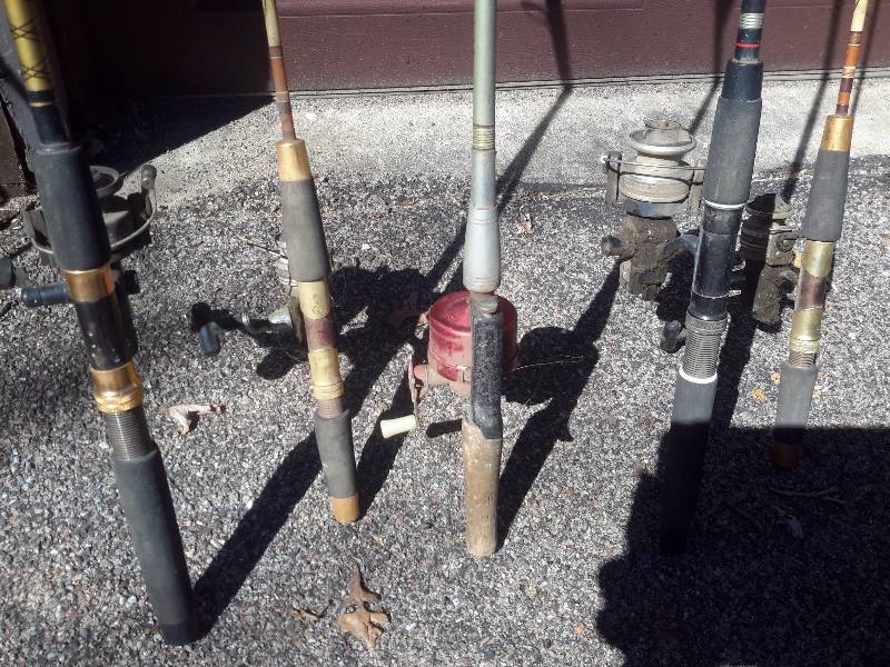 Fishing rods and reels as pictured. See closeups for type