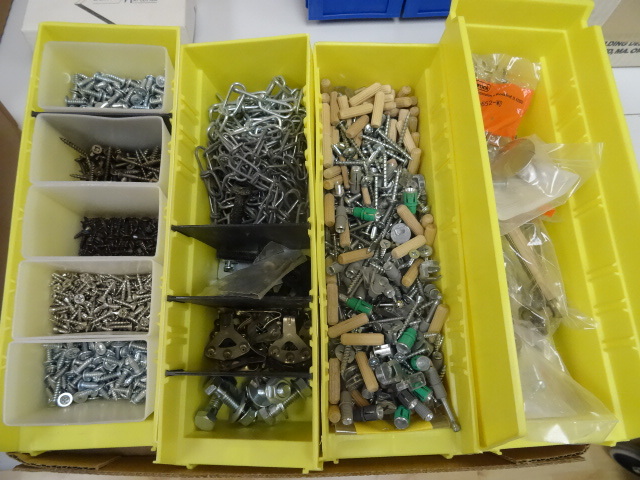 lot 46 image: 4 bins of hardware. Bins not includ...