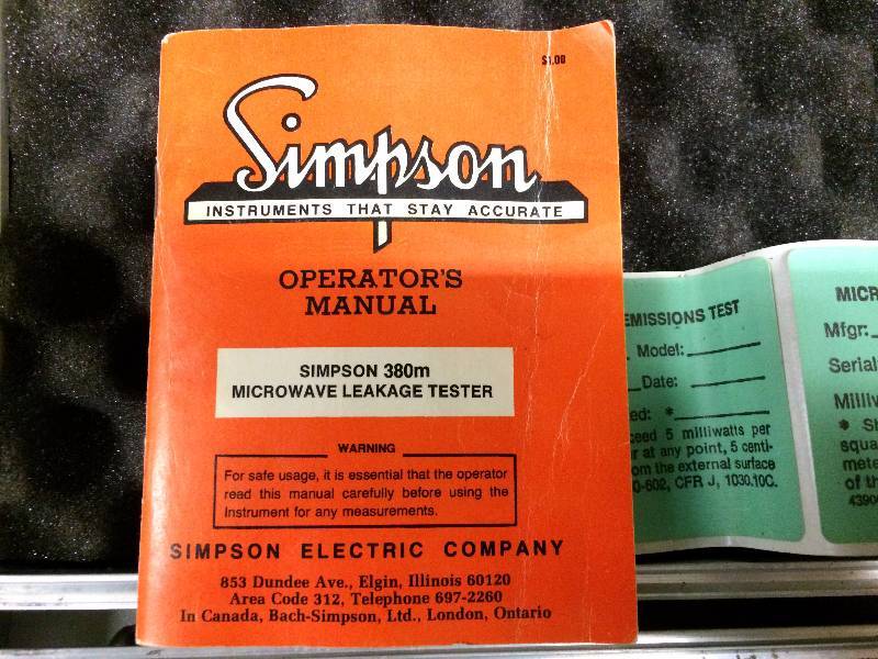 lot 11 image: Simpson Model 380 Microwave Radiation Leak Detector With Probe, Booklet & Labels