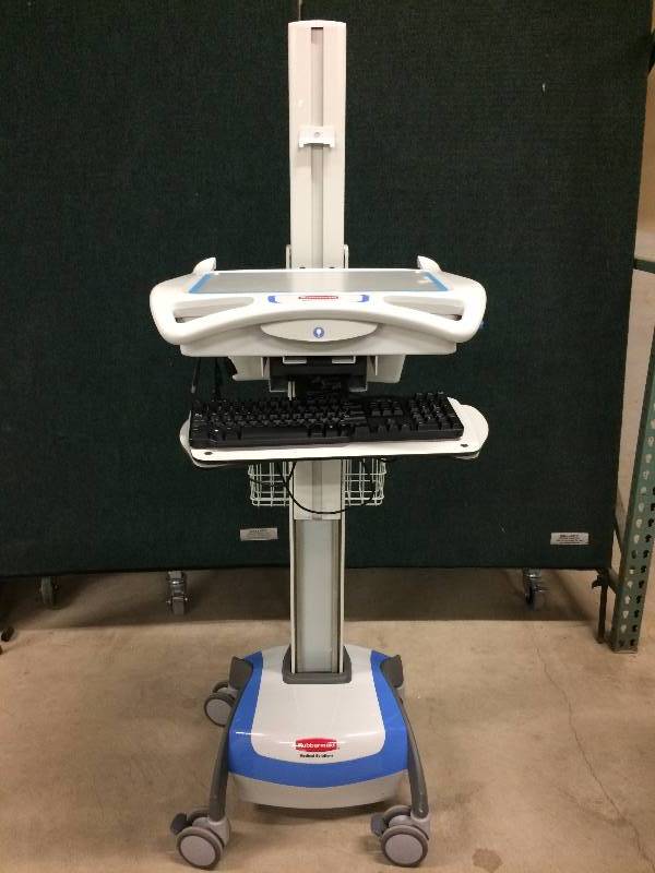 lot 64 image: WOWOW Retails NEW $4000 This is the Ergotron of Your FANTASIES Powered Light Up Rubbermaid Adjustible Sit Or Stand Computer Laptop Cart - Comes With Everything You See Super Condition