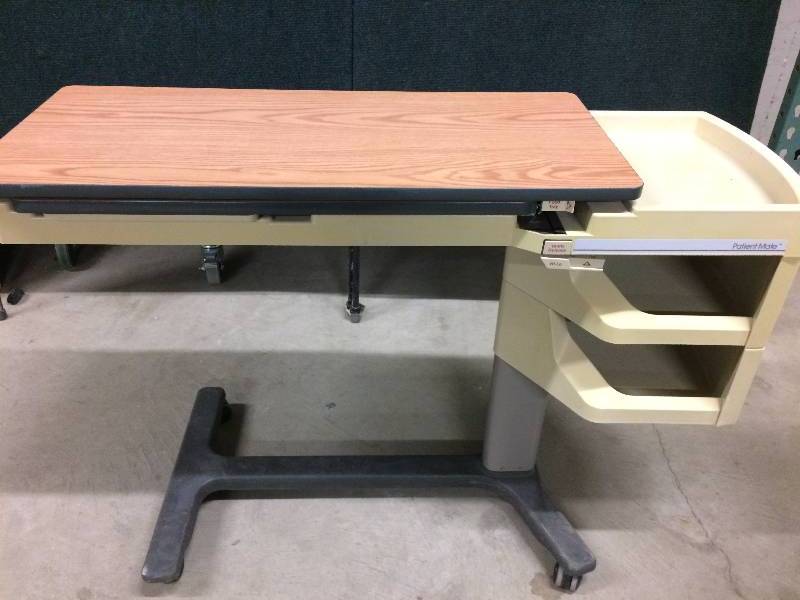 lot 66 image: Mobile Height Adjustible Great For Home Office Laptop Computer Use or Overbed Workstation Hill-Rom Patient Mate Wood Grain Tray Table With Mirror - Excellent Condition