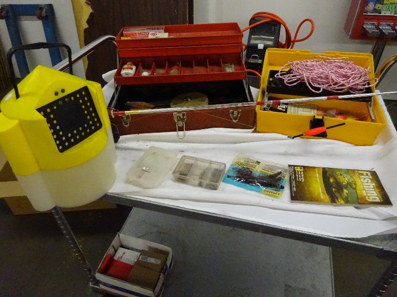 Dishing pole, minnow bucket, tackle box and tackle