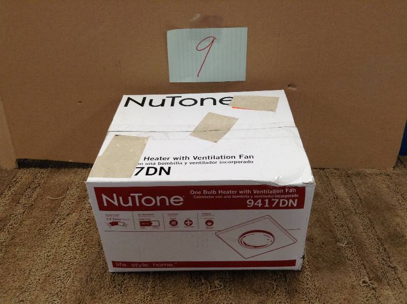 lot 9 image: Nutone 70 CFM Ceiling Exhaust Fan with 1 - 250-Watt Infrared Bulb Heater70 CFM Ceiling Exhaust Fan with 1 - 250-Watt Infrared Bulb Heater not used