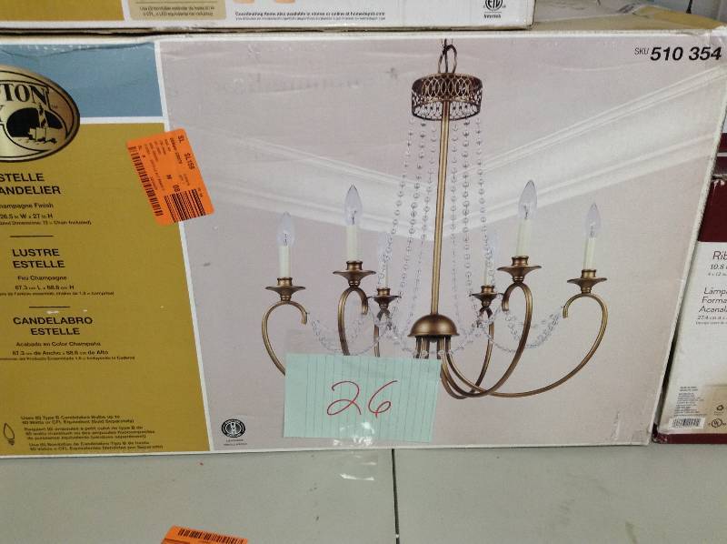 lot 26 image: Hampton Bay Estelle 6-Light Gold Hanging Chandelier-HD13811L6CHPC  new
