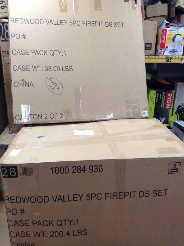 lot 81 image: Hampton Bay Redwood Valley 5-Piece Patio Fire Pit Seating Set with Quarry Red Cushions