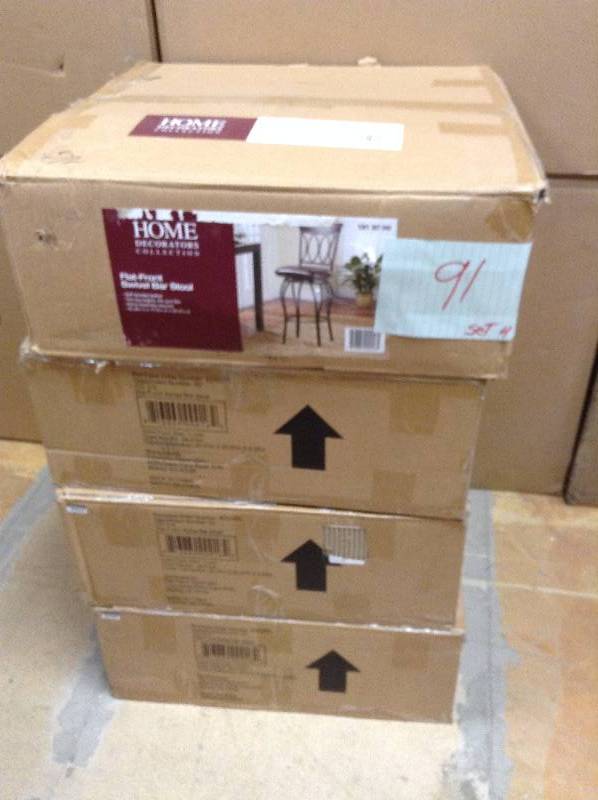 lot 91 image: Lot of 4 Home Decorators Classic 30 in. Swivel Bar Stool with Dark Brown Square Cushion in Black Metal never use