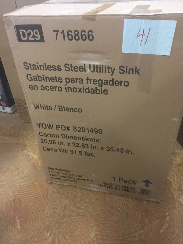 lot 41 image: Presenza All-in-One 24.17 in. x 21.34 in. x 33.86 in. Stainless Steel Utility Sink and Large White Drawer Cabinet