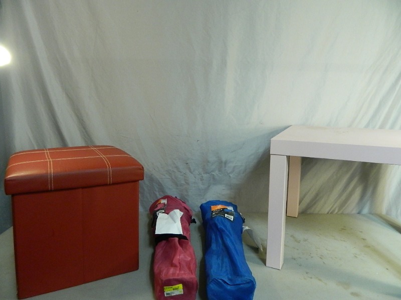 lot 138 image: Ikea Table, Storage Ottoman, and 2 Kids Bag Chairs