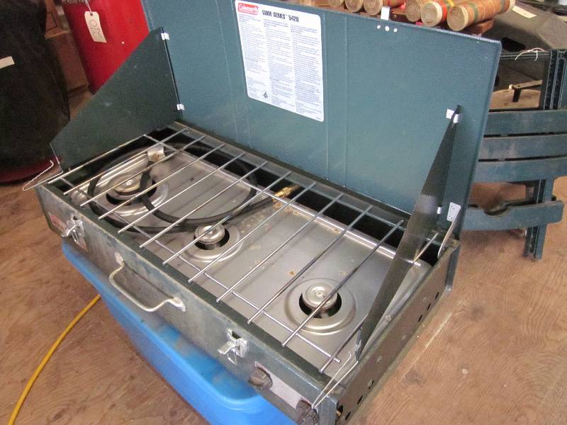 lot 238 image: 3  Burner Camp Stove, Lanterns, Air Mattress, & Tent Poles