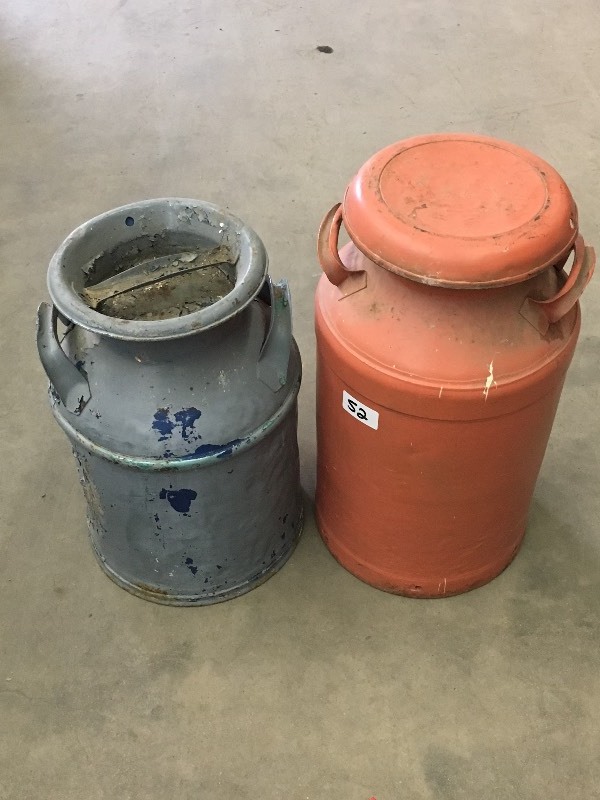 lot 52 image: (2) Painted Vintage Steel Milk Cans...