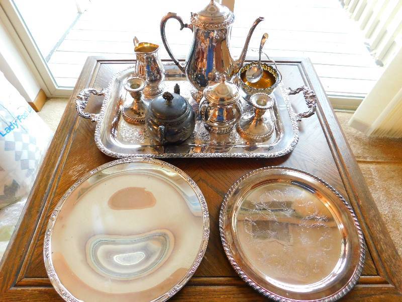 lot 60 image: Lot contains Antique Silver Plates, Serving Tray, Teapots, Candlestick Holder, and other Silver Items