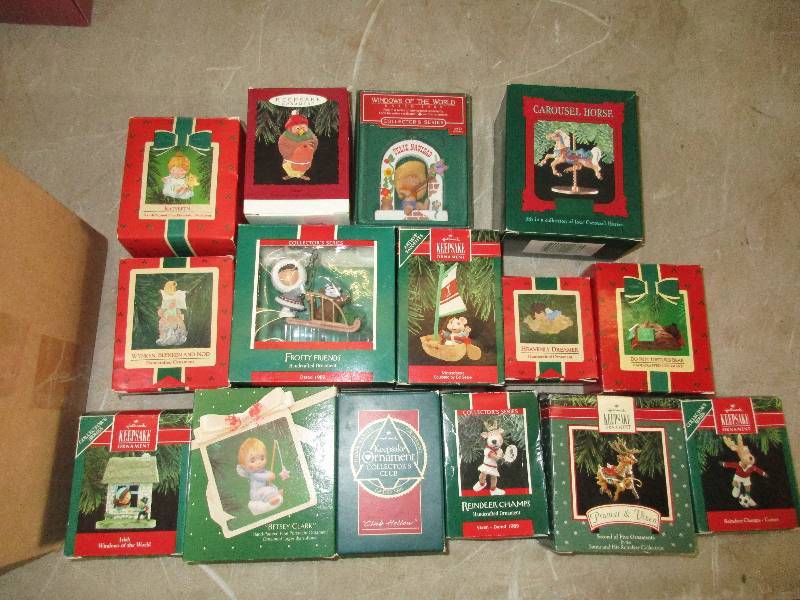 box of collectible Christmas ornaments