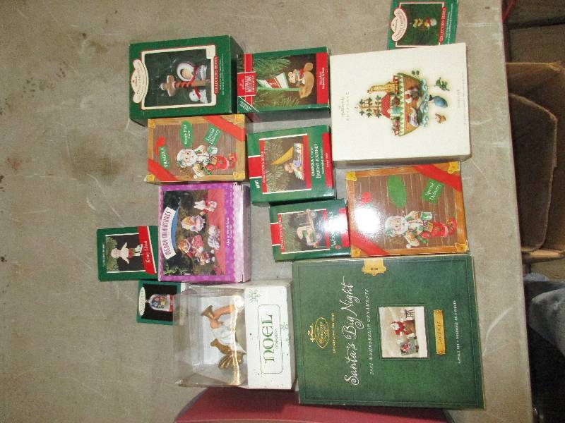 box of collectible Christmas ornaments