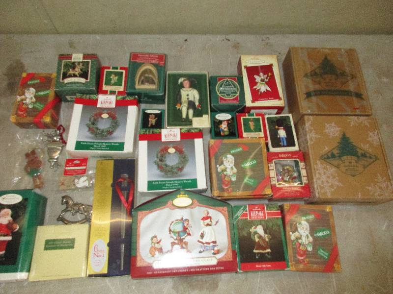 box of collectible Christmas ornaments