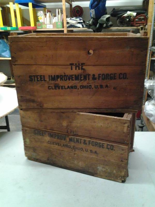 lot 71 image: 2-Old Wood Crates From Steel Forge Co. 21x13x12