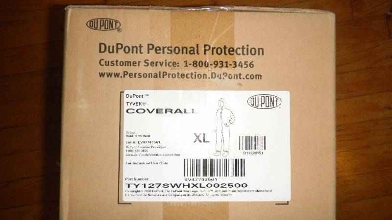 lot 131 image: Box of 25 Tyvek DuPont coveralls si...