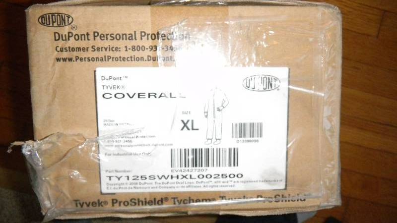 lot 134 image: Box of 25 Tyvek DuPont coveralls si...
